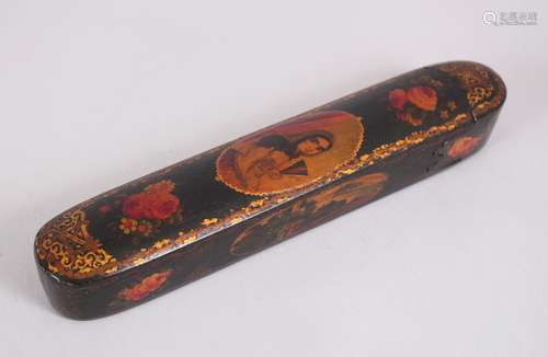 A 19TH CENTURY PERSIAN QAJAR PAPIER MACHE PEN BOX, QALAMDAN, the top with a young girl, the sides