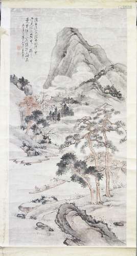 A GOOD 18TH / 19TH CENTURY CHINESE HAND PAINTED HANGING SCROLL OF A LANDSCAPE, the upper left