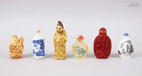 A GOOD MIXED LOT OF SIX 19TH / 20TH CENTURY CHINESE PORCELAIN / GLASS / IVORY SNUFF BOTTLES,