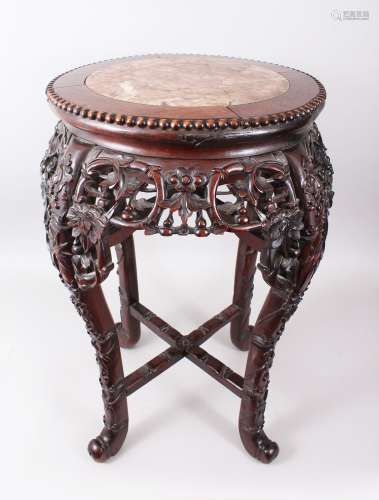A GOOD LARGE 19TH CENTURY CHINESE MARBLE TOP HARDWOOD PLANTER / STAND, the top inset with marble,