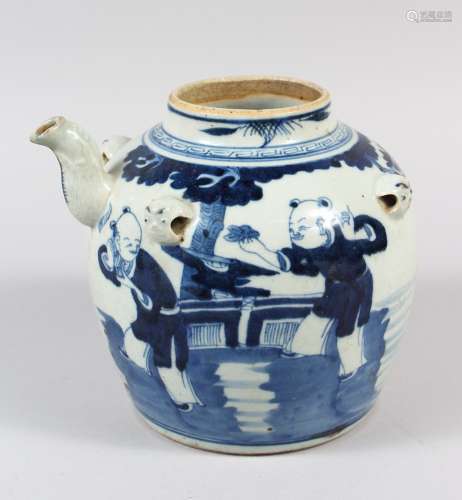 A GOOD CHINESE BLUE AND WHITE PORCELAIN TEAPOT, decorated with two men and scenes of trees, 15.5cm