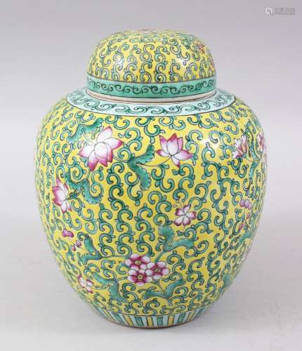 AN 18TH / 19TH CENTURY CHINESE FAMILLE ROSE GINGER JAR & COVER, decorated with scrolling foliage and