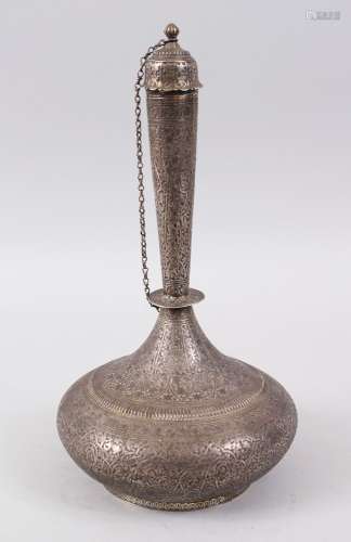 A GOOD 19TH CENTURY INDIAN KASHMIR SILVER BOTTLE SHAPED ROSEWATER SPRINKLER with top and chain, 29cm