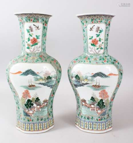 A GOOD PAIR OF 19TH CENTURY CHINESE FAMILLE VERTE PORCELAIN VASES, each with two panels depicting