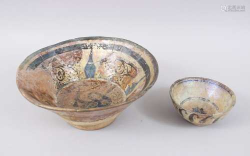 TWO 12TH CENTURY SYRIAN RAQQA POTTERY BOWLS, the larger bowl with a figure in the centre 22cm