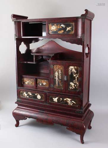 A JAPANESE MEIJI PERIOD RED LACQUER & SHIBAYAMA MINATURE SHODANA, the doors and drawers inlaid using