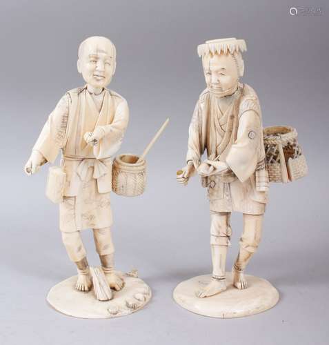 TWO JAPANESE MEIJI PERIOD CARVED IVORY OKIMONOS, one of a bird catcher, the other a workman, both