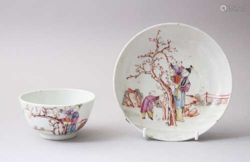 18TH CENTURY CHINESE FAMILLE ROSE PORCELAIN CUP & SAUCER, decorated with scenes of figures in