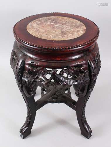 A SMALL 19TH CENTURY CHINESE MARBLE TOP HARDWOOD TABLE / PLANTER, the top inset with marble, the