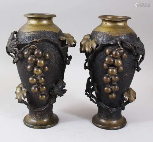 A PAIR OF CHINESE 20TH CENTURY BRONZE RELIEF VASES, the vases with applied decoration depicting