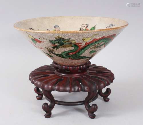 A LATE 19TH CENTURY CHINESE CRACKLEGLAZE FAMILLE ROSE EIGHT IMMORTAL PORCELAIN BOWL, the bowls