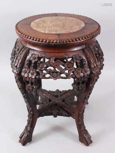 A SMALL 19TH CENTURY CHINESE MARBLE TOP HARDWOOD TABLE / PLANTER, the top inset with marble, the