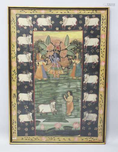 A 19TH-20TH CENTURY FRAMED INDIAN PAINTING ON TEXTILE depicting a blue skin god playing