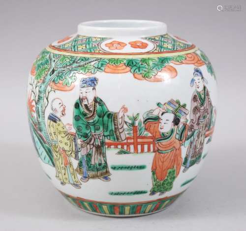 A 10TH CENTURY CHINESE FAMILLE VERTE PORCELAIN GINGER JAR, the body decorated with scenes of four