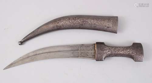 A 19TH CENTURY PERSIAN DAGGER with watered steel blade and silver inlaid sheath, 35cm long.