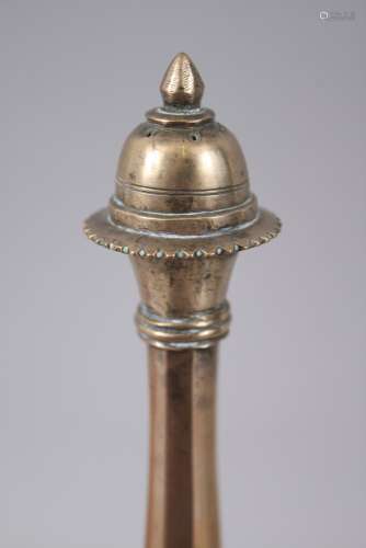 TWO 18TH-19TH CENTURY MUGHAL INDIAN BRASS ROSEWATER SPRINKLERS, 32cm x 26cm high.