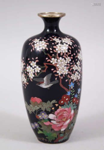 A GOOD JAPANESE MEIJI PERIOD CLOISONNE VASE, the deep blue ground with wired decoration of birds