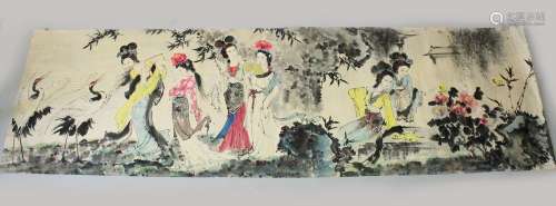 A LARGE LATE 19TH / 20TH CENTURY CHINESE PAINTING UPON PAPER, the painting depicting six girls in