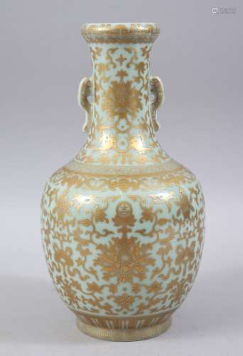 A GOOD CHINESE CELADON GROUND & GILDED PORCELAIN TWIN HANDLE BOTTLE VASE, the celadon ground