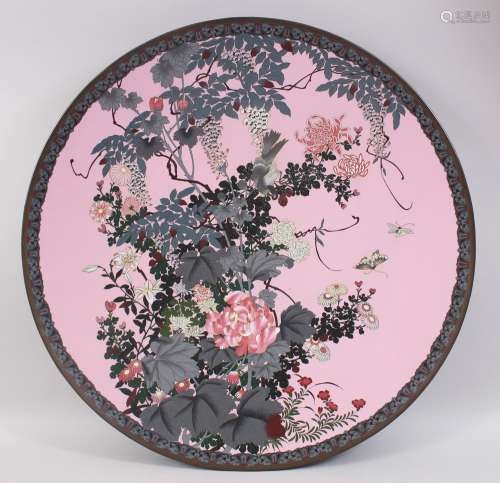 A LARGE JAPANESE MEIJI PERIOD PINK GROUND CLOISONNE CHARGER, decorated upon its pink ground to