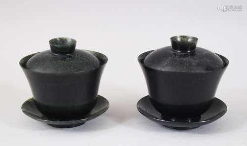 A GOOD PAIR OF CHINESE SPINACH JADE TEA CUP SETS / BOWLS AND COVER, 9cm high overall x 9.5cm