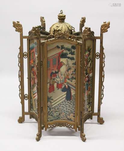 A LARGE 19TH CENTURY CHINESE GILT WOOD & REVERSE PAINTED GLASS LANTERN, with six reverse painted