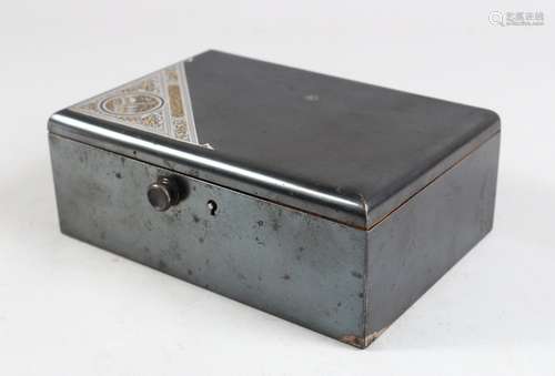 A 19TH CENTURY OTTOMAN ISLAMIC SILVER AND GOLD INLAID STEEL BOX with cedarwood liner, 17cm long,