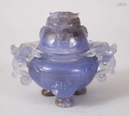 A GOOD LATE 19TH / EARLY 20TH CENTURY CHINESE PURPLE QUARTZ LIDDED KORO AND COVER, the body with two