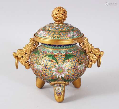 ANOTHER CHINESE TRIPOD & LION HANDLE CLOISONNE CENSER AND COVER, the body with enamel decoration