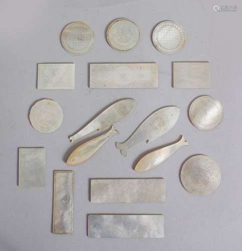 A MIXED LOT OF SEVENTEEN 19TH CENTURY CHINESE MOTHER OF PEARL GAMES COUNTERS, of different sizes and