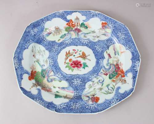 A GOOD 18TH CENTURY CHINESE FAMILLE ROSE PORCELAIN DISH, with four panels of landscape scenes &