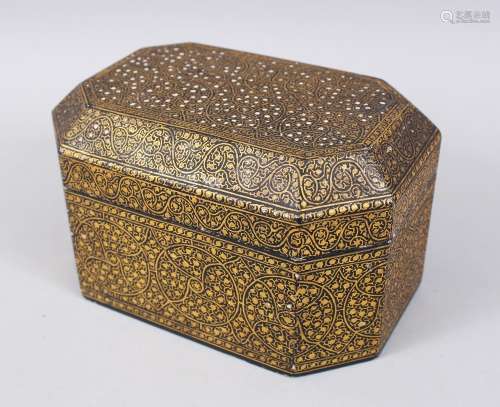 A 19TH CENTURY INDIAN KASHMIR LACQUERED INLAID TEA CADDY AND COVER with blue interior, 19cm wide.