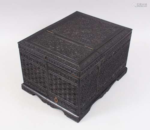 A GOOD 19TH CENTURY ANGLO INDIAN TRAVELLING DRESSING TABLE BOX, the interior with a mirror, inlaid