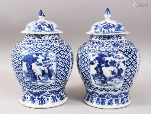 A PAIR OF 19TH CENTURY CHINESE BLUE & WHITE PORCELAIN GINGER JARS & COVERS, the body of the jars