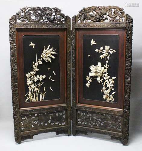 A LARGE JAPANESE MEIJI PERIOD TWO-FOLD HARDWOOD & SHIBAYAMA SCREEN, , the panels decorated in high