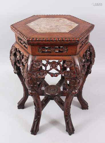 A SMALL 19TH CENTURY CHINESE HEXAGONAL FORM MARBLE TOP HARDWOOD TABLE / PLANTER, the top inset