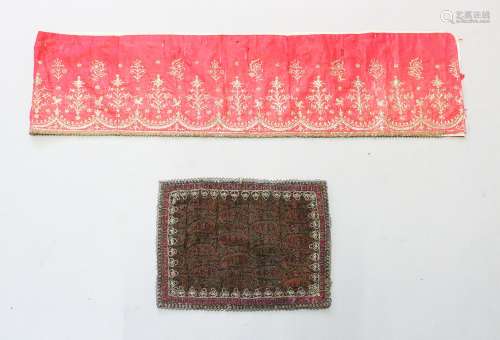 AN INDIAN SILK EMBROIDED TEXTILE along with a Persian Qajar textile, 216cm x 30cm and 42cm x 30cm.