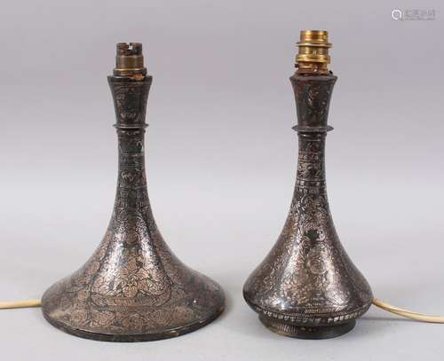 TWO 18TH-19TH CENTURY INLAID BIDRI LAMPS, 27cm high each.