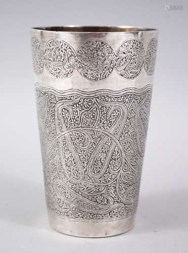 A GOOD 18TH-19TH CENTURY PERSIAN ENGRAVED BEAKER, all-over engraved, 12.5cm high x 8cm diameter.