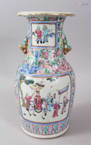 A 19TH CENTURY CHINESE FAMILLE ROSE CANTON PORCELAIN VASE, decorated with panels of figures exterior