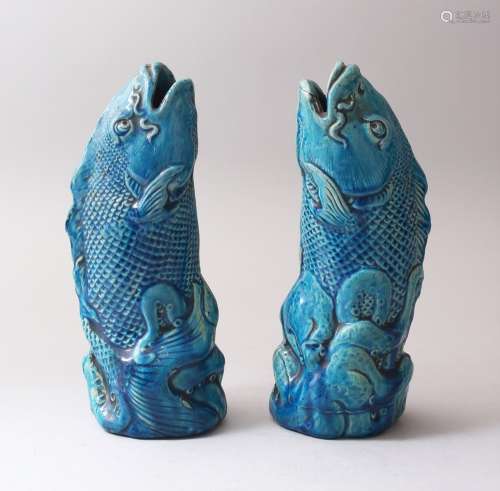 A PAIR OF 19TH / 20TH CENTURY ORIENTAL / JAPANESE TURQUOISE GROUND FISH FORMED VASES / INCENSE