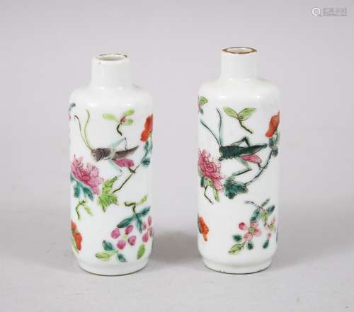 A PAIR OF 19TH CENTURY CHINESE FAMILLE ROSE PORCELAIN SNUFF BOTTLES, both bottles decorated with