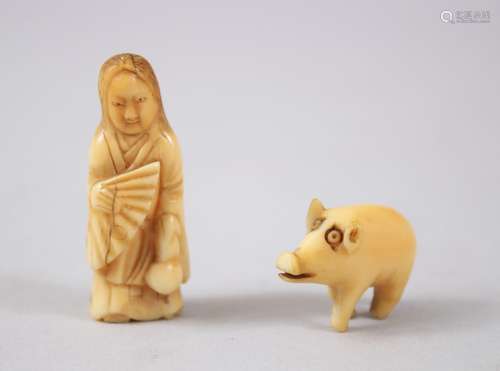 TWO JAPANESE LATE MEIJI PERIOD CARVED IVORY FIGURES, one of a lady holding a fan, the other of a