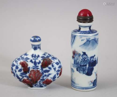 TWO CHINESE PORCELAIN SNUFF BOTTLES, one cylindrical blue & white with scenes of figures exterior