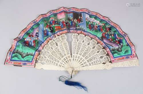 A 19TH CENTURY CHINESE CARVED IVORY & HAND PAINTED FAN, the ivory carved enclosure carved in