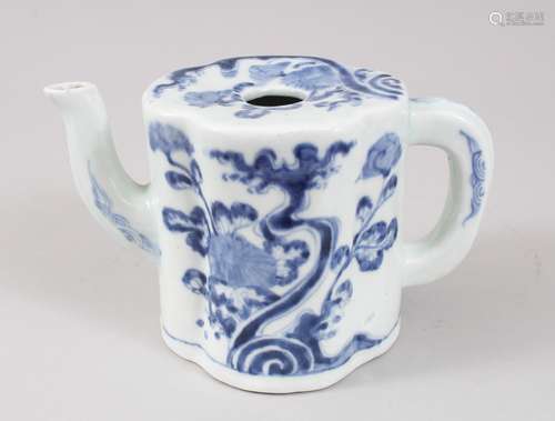 A JAPANESE MEIJI PERIOD BLUE & WHITE ARITA PORCELAIN TEA POT, decorated with scenes of native