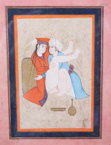 A 19TH CENTURY OR EARLIER PERSIAN EROTIC PICTURE, 16cm x 10cm, framed and glazed.