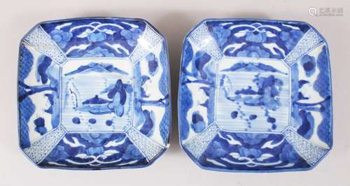 A PAIR OF 18TH CENTURY JAPANESE BLUE & WHITE IMARI PORCELAIN DISHES, the dishes both depicting