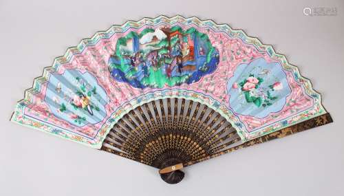 A 19TH CENTURY CHINESE CANTONESE LACQUERED WOOD & PAINTED PAPER FAN, the interior decorated with