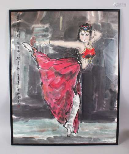 A GOOD INDIAN THEMED CHINESE PAINTING OF A DANCING GIRL - ALI BABA SHOW, the girl in traditional